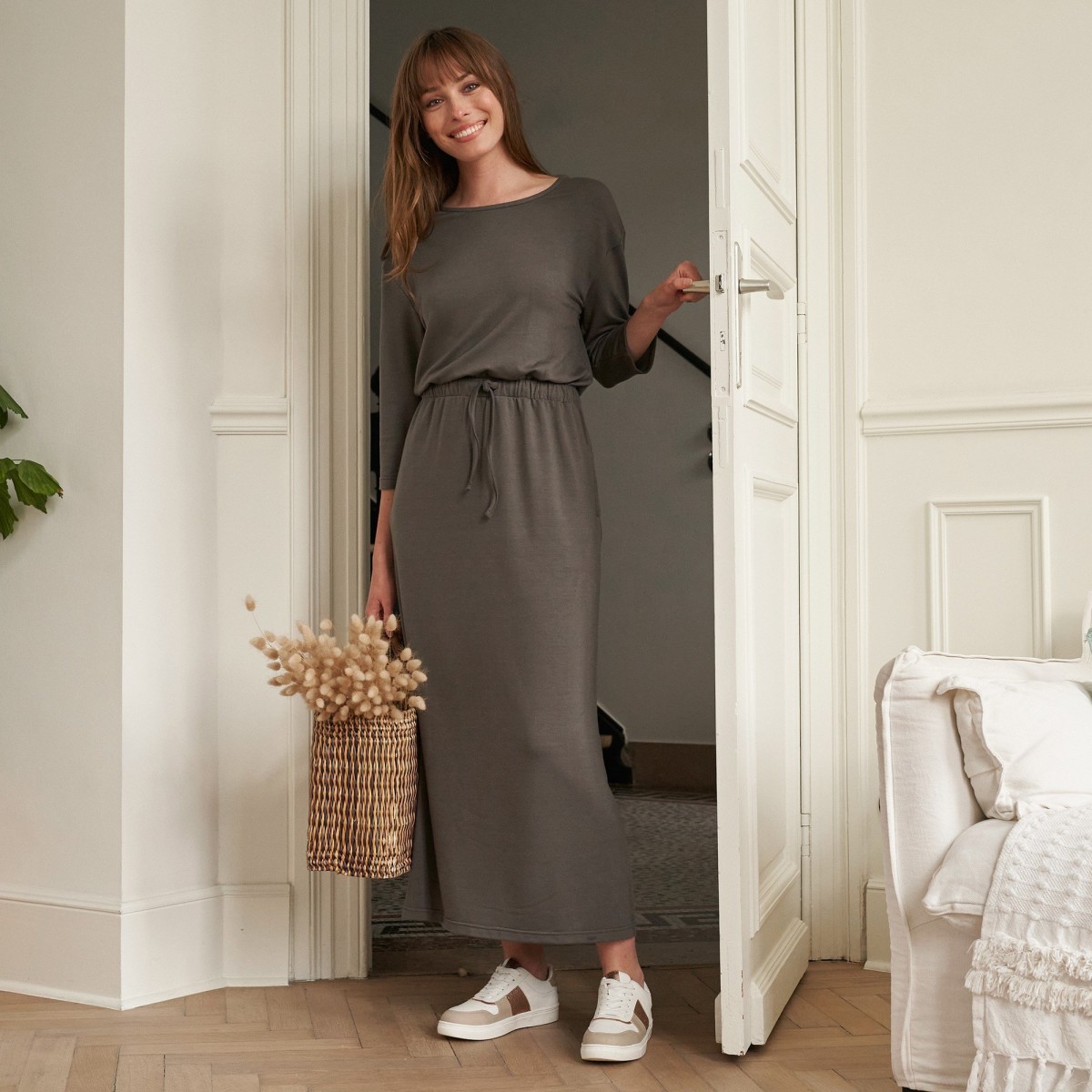 Blancheporte Dlhé meltonové šaty, pružný pás khaki 46/48