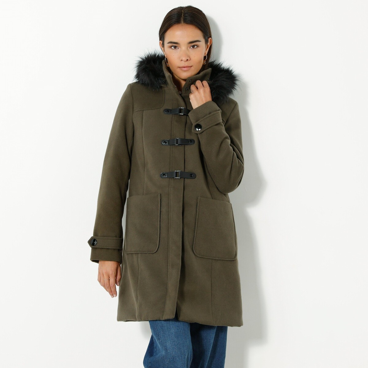 Obrázok Blancheporte Jednofarebný kabát duffle-coat s kapucňou khaki 38