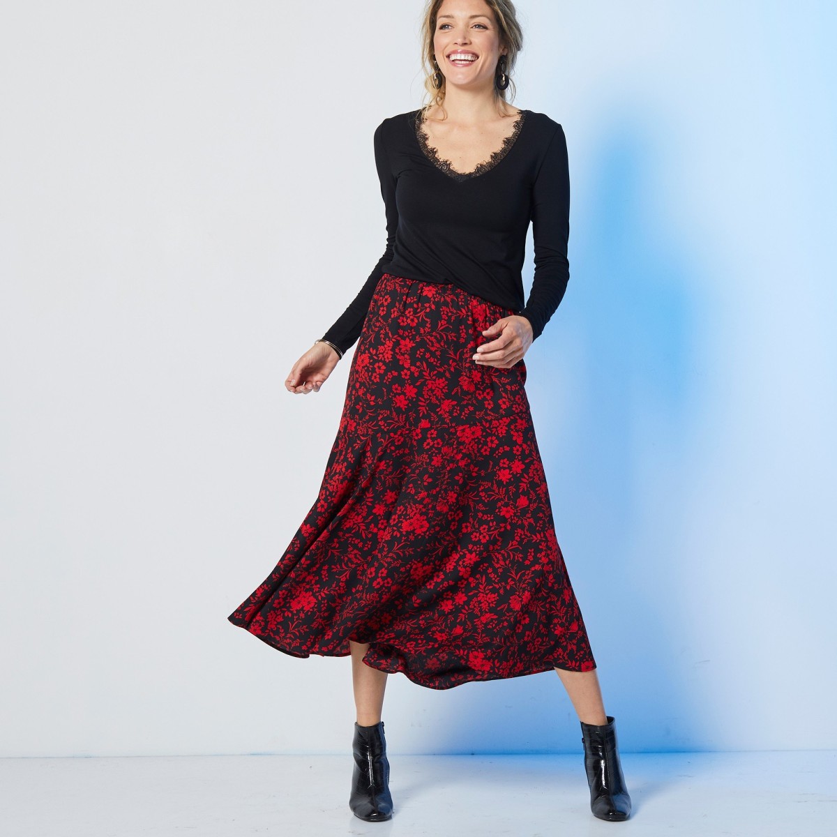 Blancheporte Dlhá sukňa s potlačou čierna/červená 42