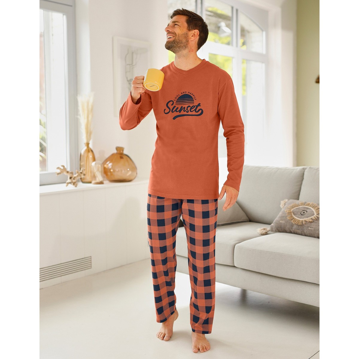Blancheporte Kockované bavlnené pyžamo s dlhými rukávmi a nohavicami marhuľová 107/116 (XL)