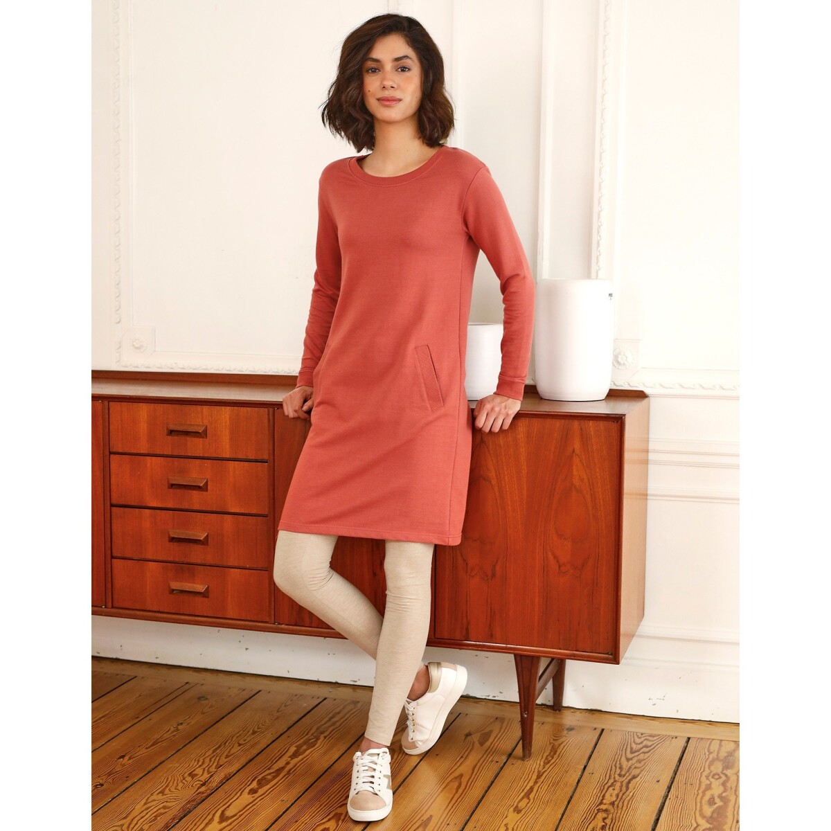 Blancheporte Mikinové šaty z meltonu s rovným strihom ružové drevo 56