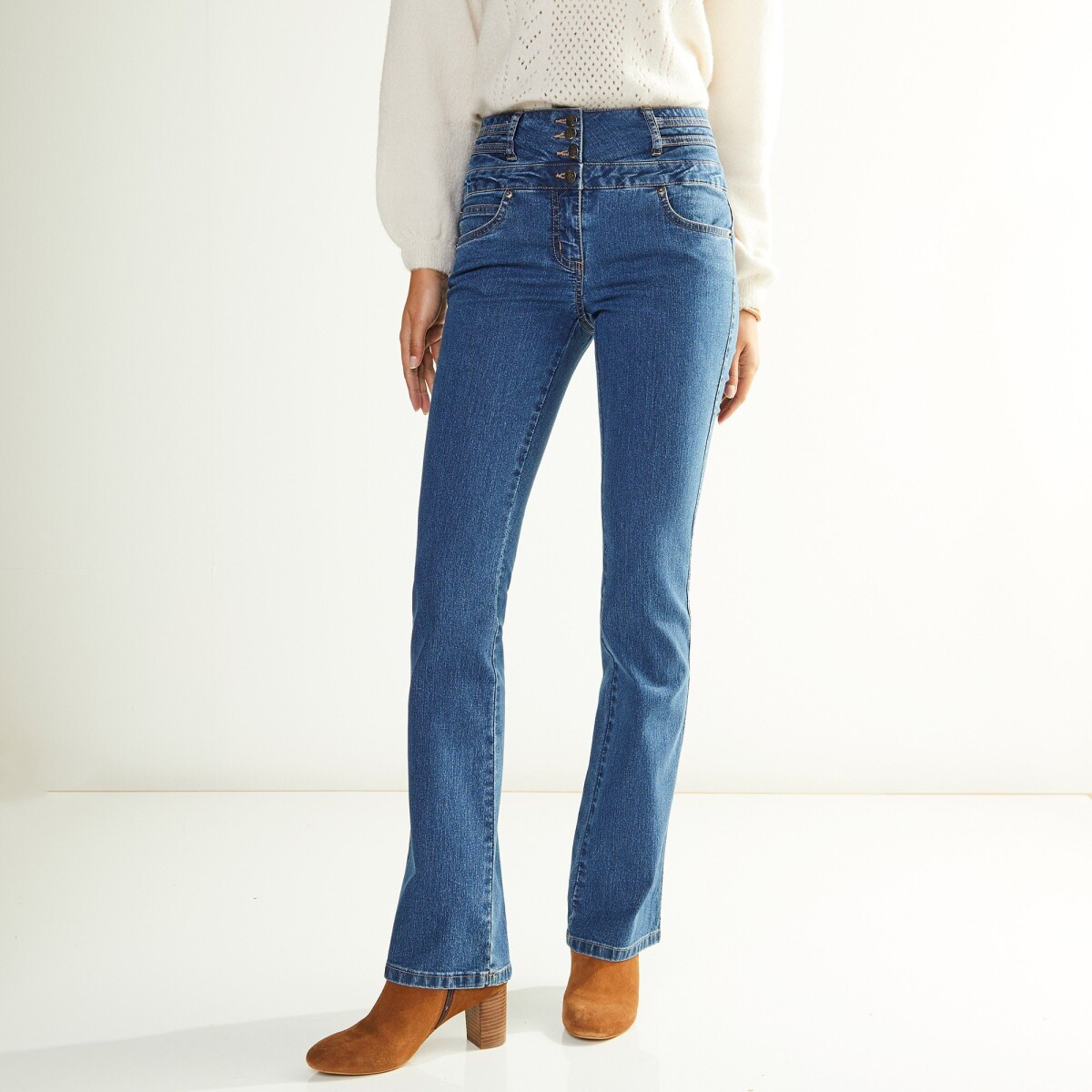 Blancheporte Bootcut džínsy s vysokým pásom, vnútor. dĺžka nohavíc 78 cm modrá 52