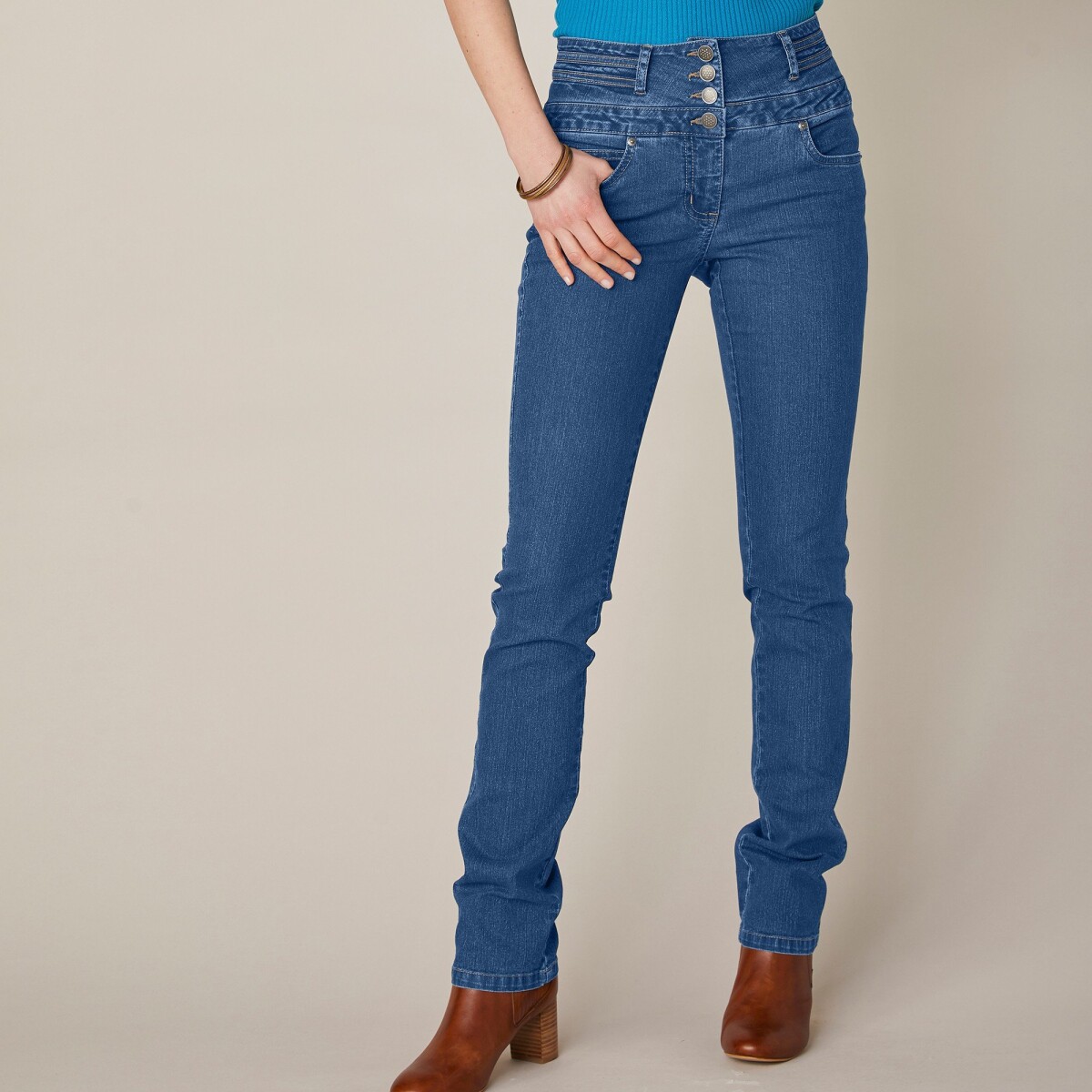 Blancheporte Rovné džíny s vysokým pasem, pro vysokou postavu modrá 46