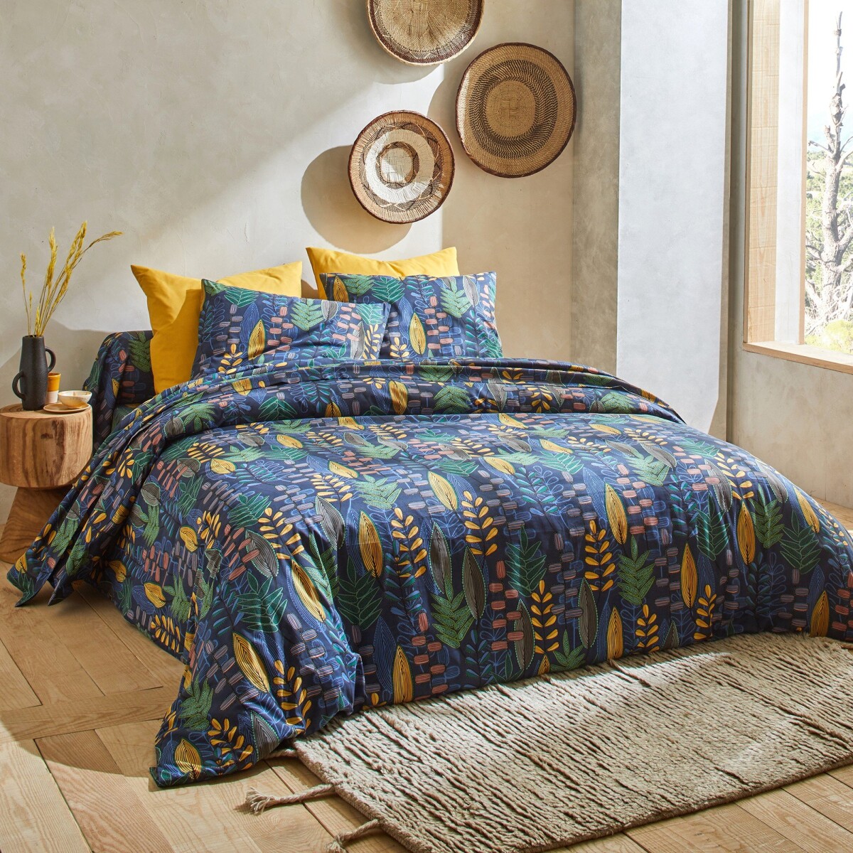 Blancheporte Bavlnená posteľná bielizeň Madi s rastlinným motívom nám.modrá oblieč. na van. 65x65cm,bez l.