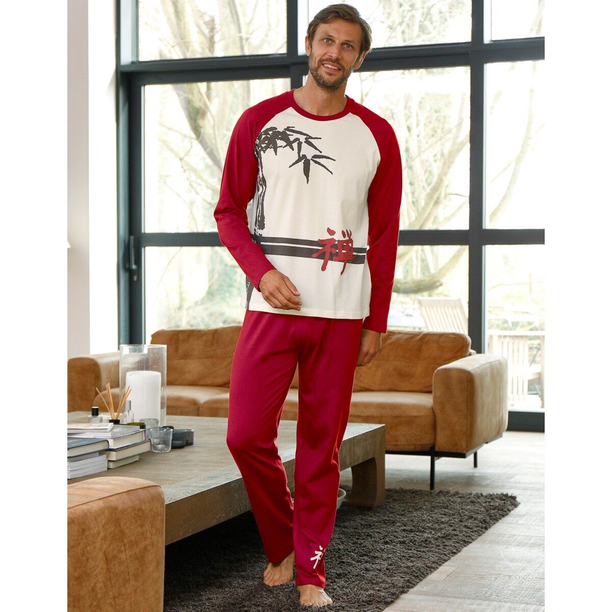 Blancheporte Pánske pyžamo s dlhými rukávmi, motív bambusu ražná/bordó 87/96 (M)