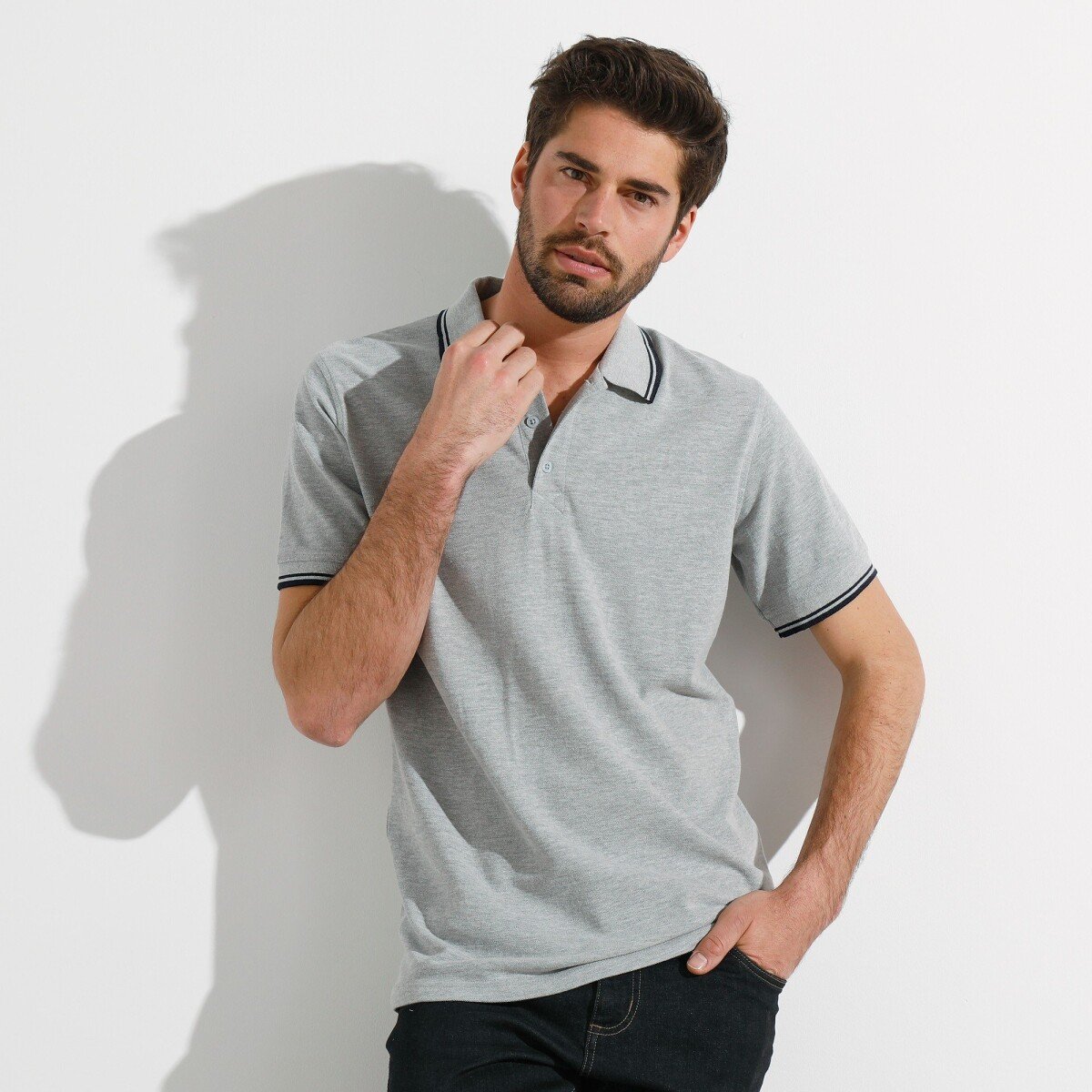 Blancheporte Polo tričko s pruhovaným límečkem z piké úpletu, s krátkými rukávy šedý melír 107/116 (XL)