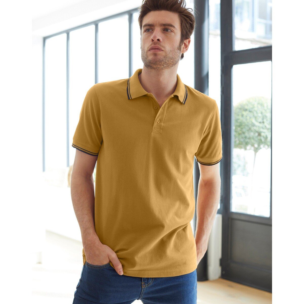 Blancheporte Polo tričko s pruhovaným límečkem z piké úpletu, s krátkými rukávy medová 117/126 (XXL)