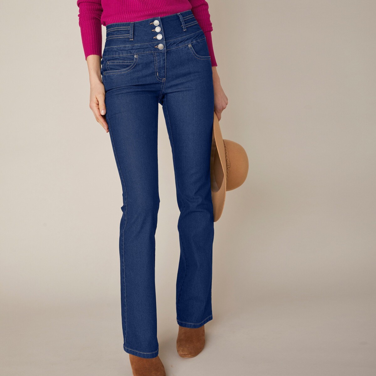 Blancheporte Bootcut džínsy s vysokým pásom, vnútor. dĺžka nohavíc 75 cm tmavomodrá 40