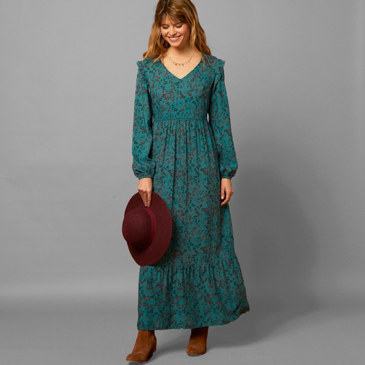 Blancheporte Dlhé šaty s volánovým spodným lemom smaragdová 52